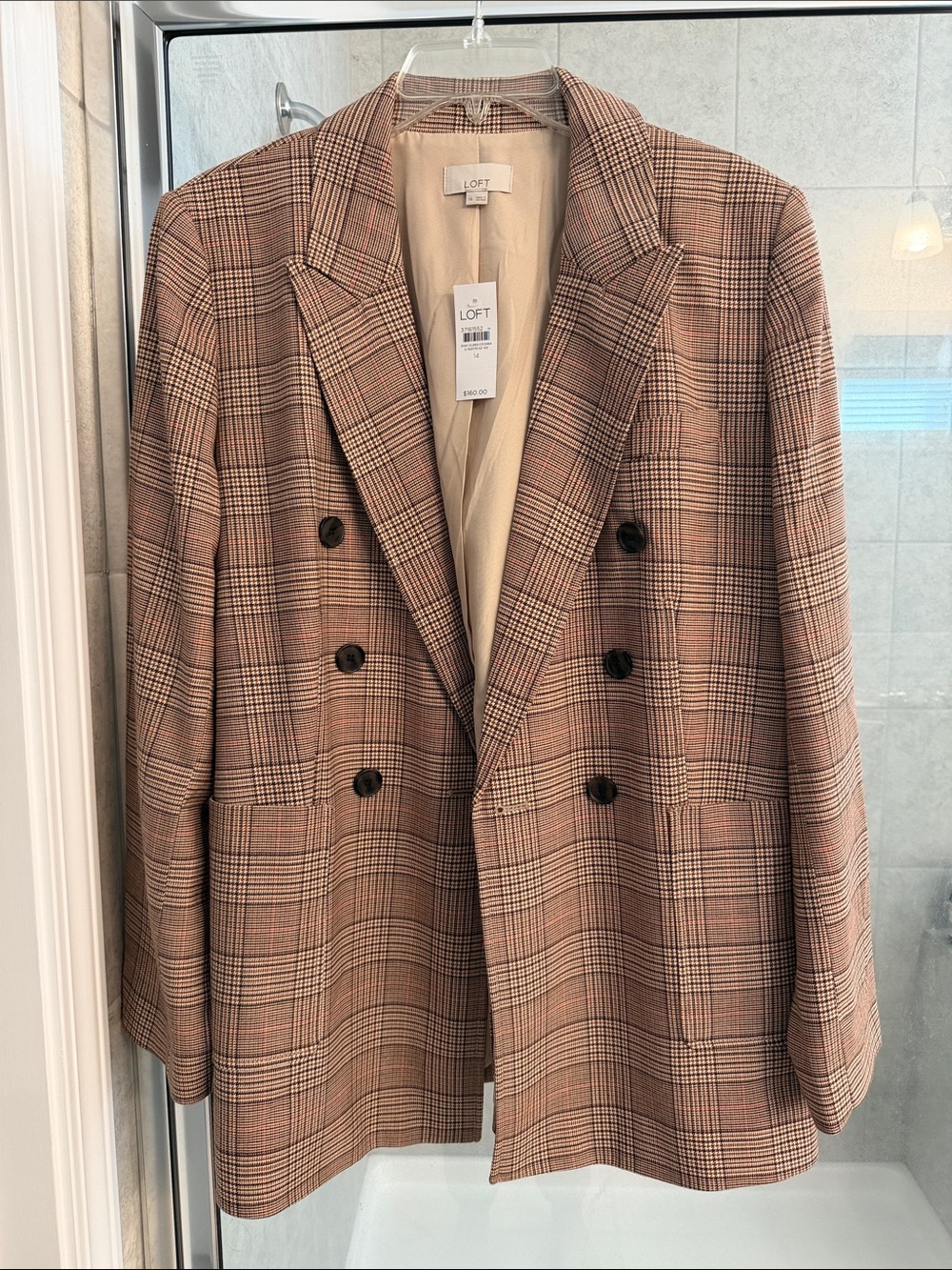 LOFT Plaid Double-Breasted Blazer in Brown and Cream